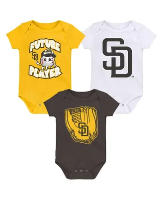 Newborn and Infant Boys Girls Gold, Brown, White San Diego Padres Minor League Player Three-Pack Bodysuit Set