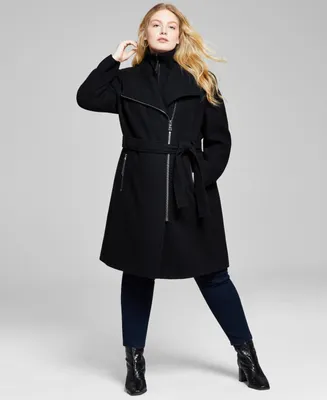 Calvin Klein Womens Plus Belted Asymmetric Wrap Coat, Created for Macys