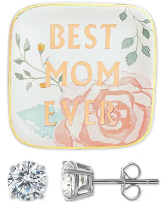 Giani Bernini 2-Pc. Set Cubic Zirconia Stud Earrings in Sterling Silver & Best Mom Ever Trinket Dish, Created for Macy's