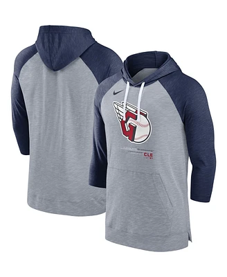 Men's Nike Heather Gray, Heather Navy Cleveland Guardians Baseball Raglan 3/4-Sleeve Pullover Hoodie