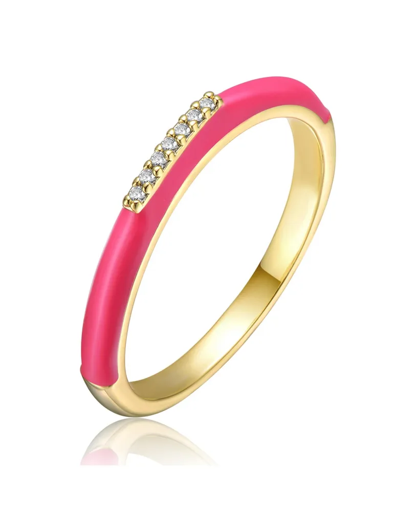 Rachel Glauber Ra Young Adults/Teens 14k Yellow Gold Plated with Cubic Zirconia Pink Enamel Stackable Band Chevron Ring