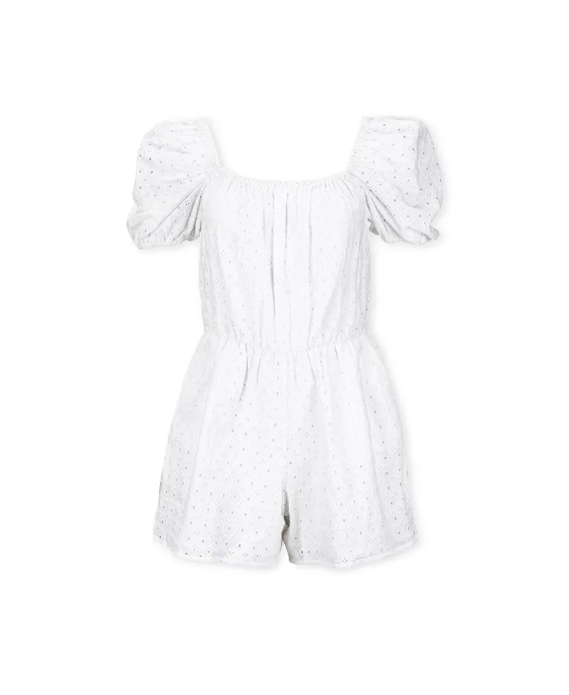 Hope & Henry Women's Organic Cotton Puff Sleeve Eyelet Romper