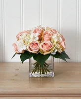 Nearly Natural Rose and Hydrangea Bouquet Artificial Arrangement in Vase