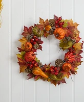 Nearly Natural 24" Pumpkin, Gourd, Berry and Maple Leaf Wreath