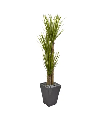 Nearly Natural 5.5' Triple Stalk Yucca Artificial Plant in Slate Planter