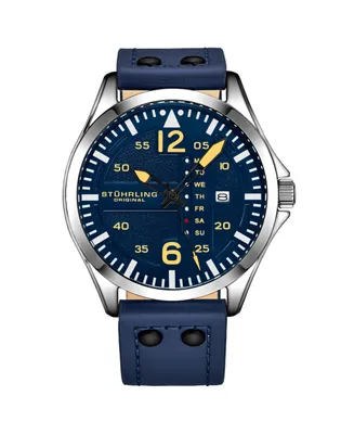 Stuhrling Men's Aviator Blue Leather , Blue Dial , 51mm Round Watch