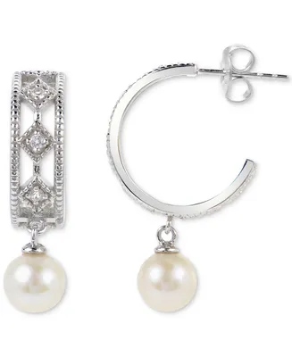 Cultured Freshwater Pearl (6mm) & Lab-Created White Sapphire (1/4 ct. t.w.) Dangle Hoop Drop Earrings in Sterling Silver