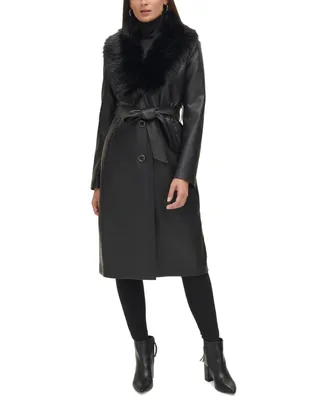 Kenneth Cole Women's Faux-Fur-Trim Faux-Leather Coat