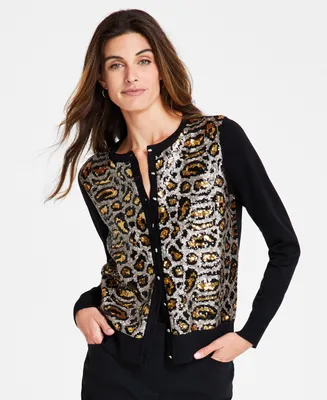 Jm Collection Petite Leopard Sequin Party Cardigan, Created for Macy's