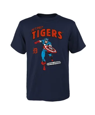 Big Boys and Girls Navy Detroit Tigers Team Captain America Marvel T-shirt