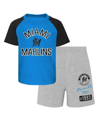 Infant Boys and Girls Blue, Heather Gray Miami Marlins Ground Out Baller Raglan T-shirt Shorts Set
