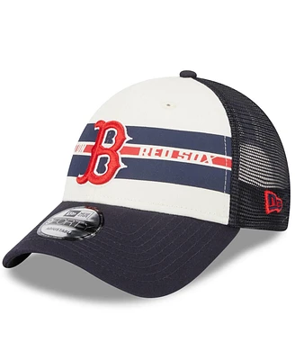 Men's New Era White, Navy Boston Red Sox Team Stripe Trucker 9FORTY Snapback Hat