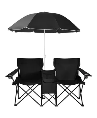 Costway Folding Picnic Double Chair W/Umbrella Table Cooler Beach