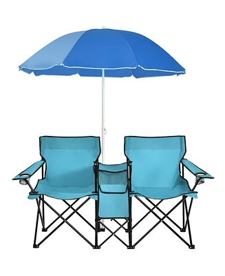 Costway Folding Picnic Double Chair W/Umbrella Table Cooler Beach