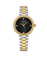 Stuhrling Women's Quartz Crystal Studded Silver Case and markers , Black  Dial, Silver Hands Gold and silver link bracelet Watch - Gold