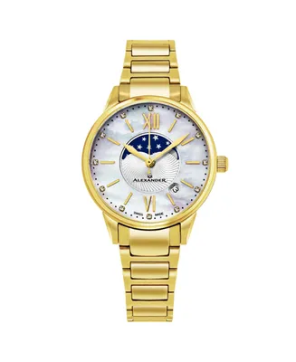 Alexander Ladies Quartz Moonphase Date Watch with Yellow Gold Tone Stainless Steel Case on Yellow Gold Tone Stainless Steel Bracelet, Silver Diamond D