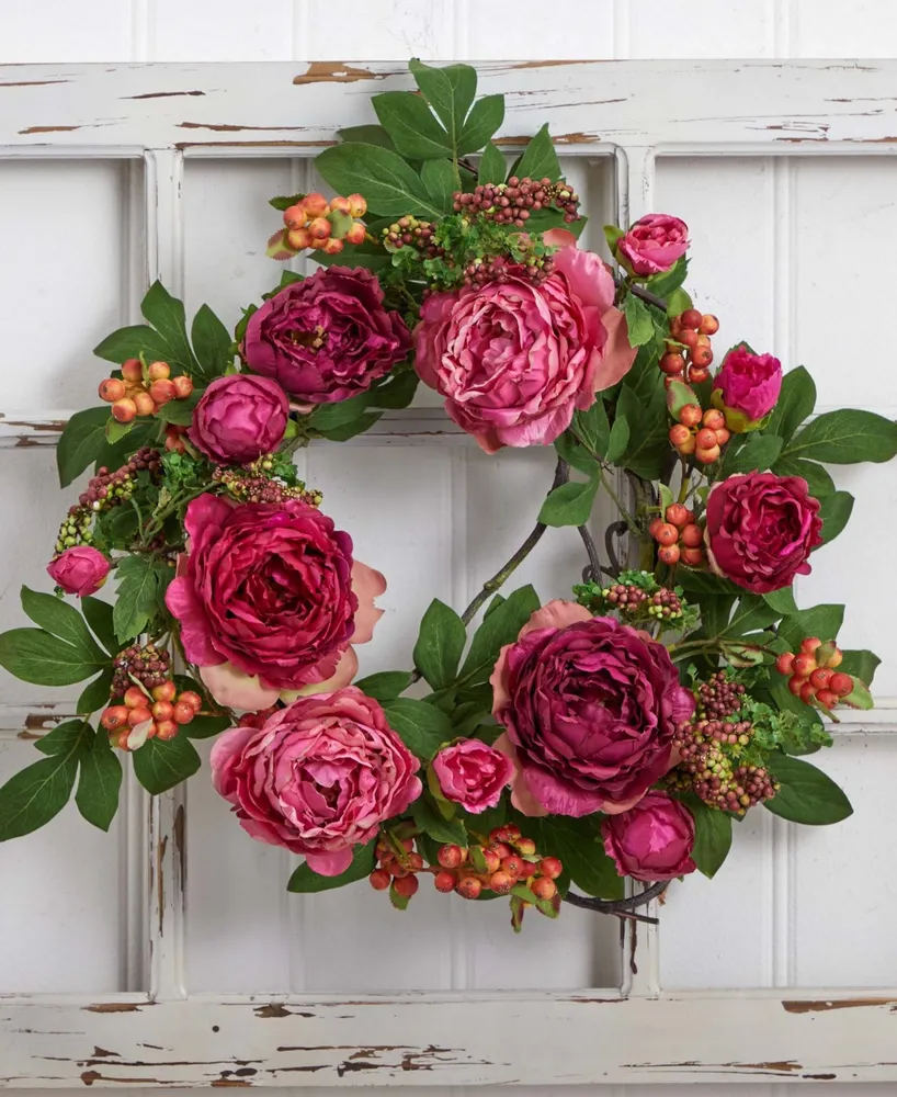 Nearly Natural 20" Peony and Berry Wreath