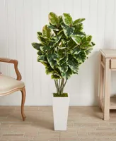 Nearly Natural Variegated Rubber Leaf Artificial Plant in White Tower Vase