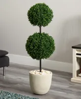 Nearly Natural 4' Boxwood Double Ball Topiary Artificial Tree in Oval Planter Uv Resistant