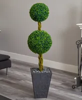 Nearly Natural 5' Double Ball Boxwood Topiary Artificial Tree in Slate Planter Uv Resistantr