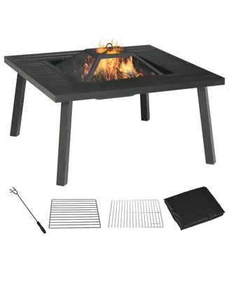 Outsunny 34" x 32" Outdoor Fire Pits, Portable Wood Burning Camping Fire Pit with Spark Screen, Poker, and Rain Cover for Camping, Black