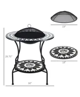 Outsunny 30" Outdoor Fire Pit & Ice Bucket & Side Table, Round Tile Tabletop, Steel Wood Burning Bowl, Spark Screen Lid for Patio, Backyard, Patio, Ga