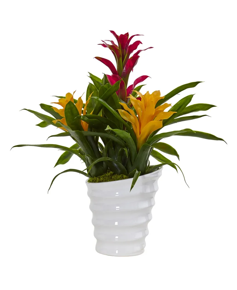Nearly Natural Tropical Bromeliad Artificial Plant in White Swirl Vase