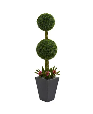 Nearly Natural 5' Double Boxwood Ball Topiary Artificial Tree in Slate Planter Uv Resistant