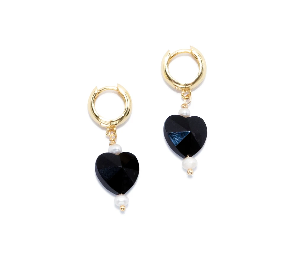18K Gold Plated Huggies Freshwater Pearls with Black Heart Charm - Kuro Earrings For Women