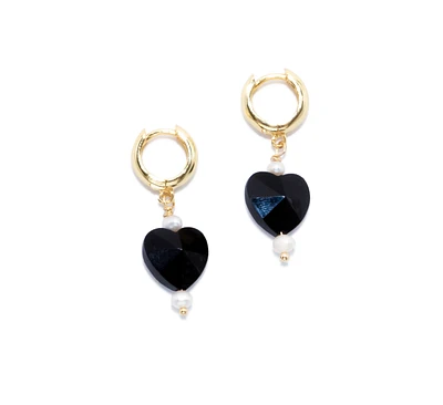 18K Gold Plated Huggies Freshwater Pearls with Black Heart Charm - Kuro Earrings For Women
