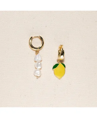 18k Gold Plated Huggies Freshwater Pearls with a Yellow and Green Lemon Charm - Lemonade Earrings For Women