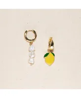 18k Gold Plated Huggies Freshwater Pearls with a Yellow and Green Lemon Charm - Lemonade Earrings For Women