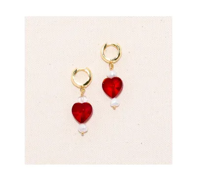 Joey Baby 18K Gold Plated Freshwater Pearl with a Red Heart Shape Charm - Kokoro Earrings For Women