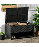 Outsunny Outdoor Deck Box Shoe Storage, Pe Rattan Wicker Towel Rack with Liner for Indoor, Outdoor, Patio Furniture Cushions, Pool, Toys