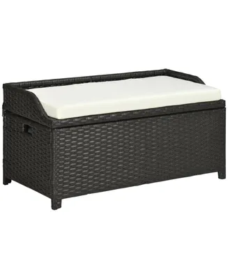 Outsunny Patio Wicker Storage Bench, Cushioned Outdoor Pe Rattan Patio Furniture, Air Strut Assisted Easy Open