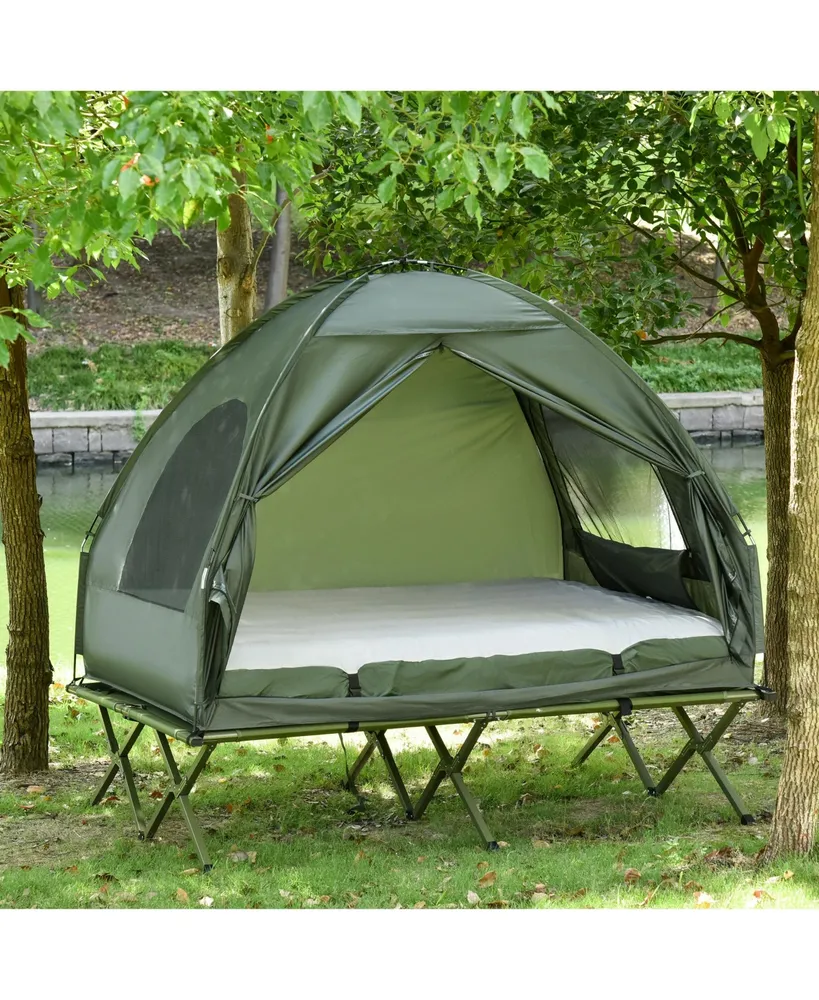 Outsunny 2 Person Foldable Camping Cot, Portable Outdoor with Bedspread & Thick Air Mattress, All in One Elevated Camping Bed Tent for 2