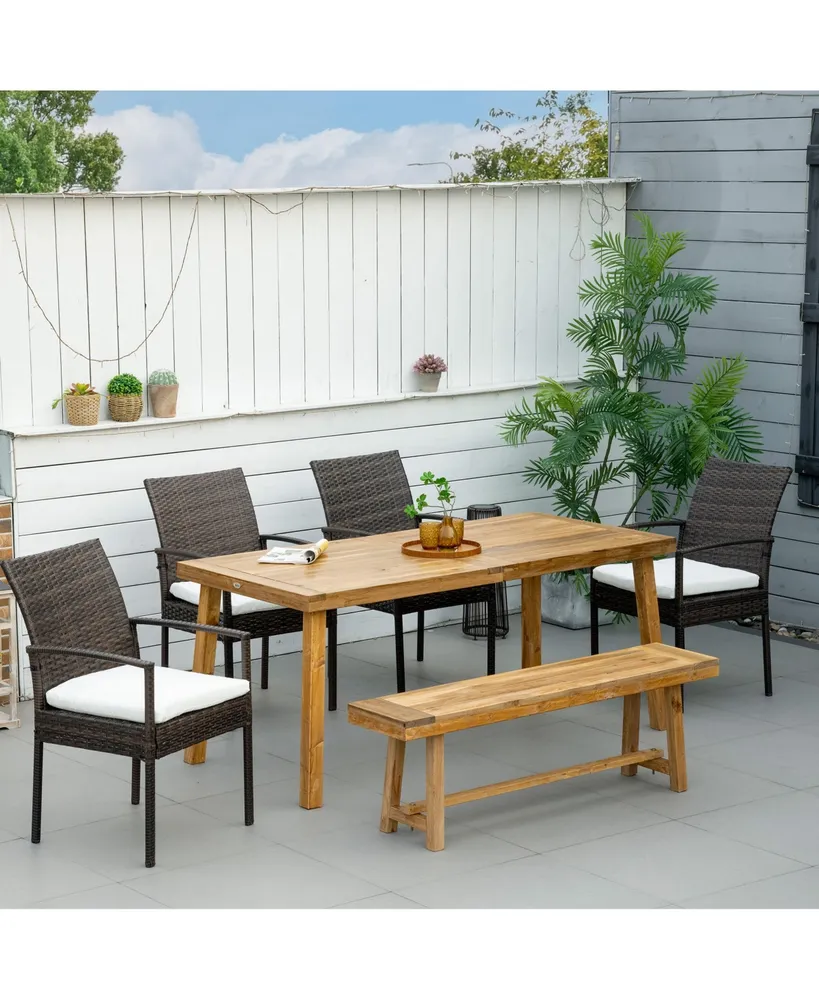 Outsunny Outdoor Dining Set, Patio Table and Chairs Set of 6, Pe Wicker Seats, Armrests, Acacia Wood Loveseat Bench & Dinner Table, Cushions, White