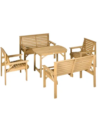 Outsunny 5 Piece Patio Furniture, 6 Seat Outdoor Dining Set, Natural Wood Dinner Table, 2 Chairs, Loveseats with Armrests & Umbrella Hole, Conversatio