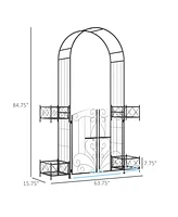 Outsunny 7' Metal Garden Arbor, Garden Arch with Gate, Scrollwork Hearts, Latching Doors, Planter Boxes for Climbing Vines, Ceremony, Weddings, Party,