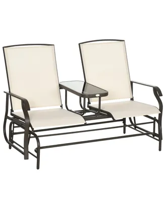 Outsunny 2-Person Outdoor Glider Bench with Center Table, Steel Frame for Backyard, Garden, Porch, Beige