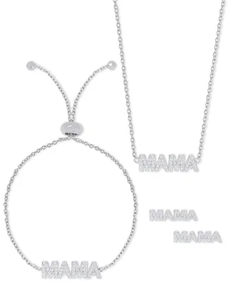 3-Pc. Set Lab-grown White Sapphire (1-3/4 ct. t.w.) Mama Pendant Necklace, Stud Earrings, & Bolo Bracelet in Sterling Silver