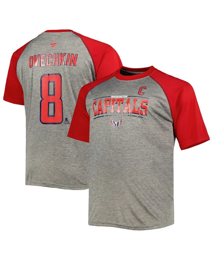 Men's Fanatics Alexander Ovechkin Heather Gray, Red Washington Capitals Big and Tall Captain Patch Contrast Raglan Name Number T-shirt
