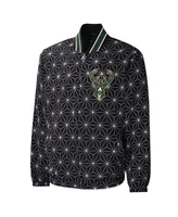 Men's Starter Black Milwaukee Bucks In-Field Play Fashion Satin Full-Zip Varsity Jacket