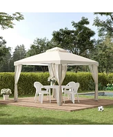 Outsunny 10' x 10' Patio Gazebo Outdoor Canopy Shelter with 2-Tier Roof and Netting, Steel Frame for Garden, Lawn, Backyard and Deck, Cream White