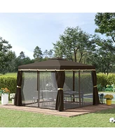Outsunny 10' x 10' Patio Gazebo, 2 Tier Roof, Netting, Curtains, Outdoor Canopy Shelter for Garden, Lawn, Backyard Deck, Coffee