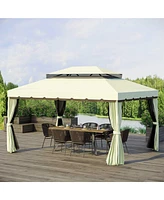 Outsunny 10' x 13' Patio Gazebo, 2-Tier Polyester Roof, Vented Canopy, Mesh, Portable Aluminum Frame for Outdoor, Cream White