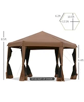 Outsunny 13' x 13' Heavy Duty Pop Up Canopy with Hexagonal Shape, 6 Mesh Sidewall Netting, 3-Level Adjustable Height and Strong Steel Frame, Brown