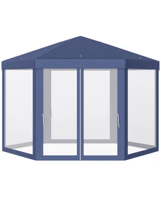 Outsunny 13ft x 13ft Outdoor Party Tent Hexagon Sun Shelter Canopy with Protective Mesh Screen Walls & Proper Sun Protection, Blue