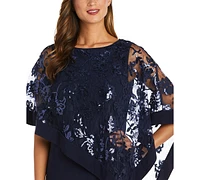 R & M Richards Women's Sequinned Floral-Lace-Poncho Gown