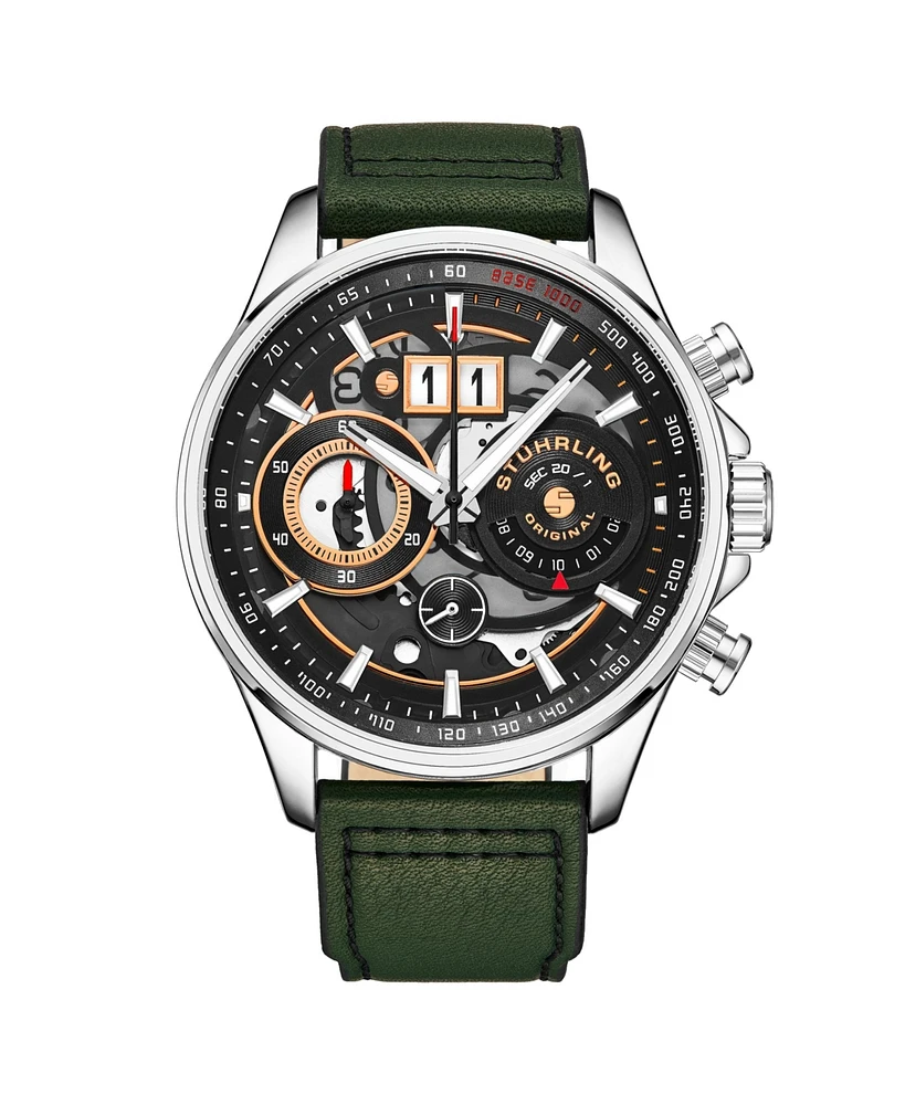 Stuhrling Men's Aviator Green Leather , Black Dial , 45mm Round Watch